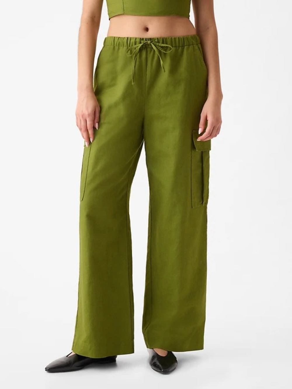 55%Linen Olive Calla Green Wide-Leg Cargo Pants GAP Size XXL